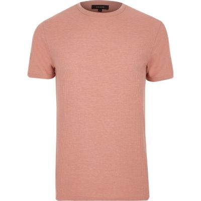 Pink waffle cotton slim fit T-shirt